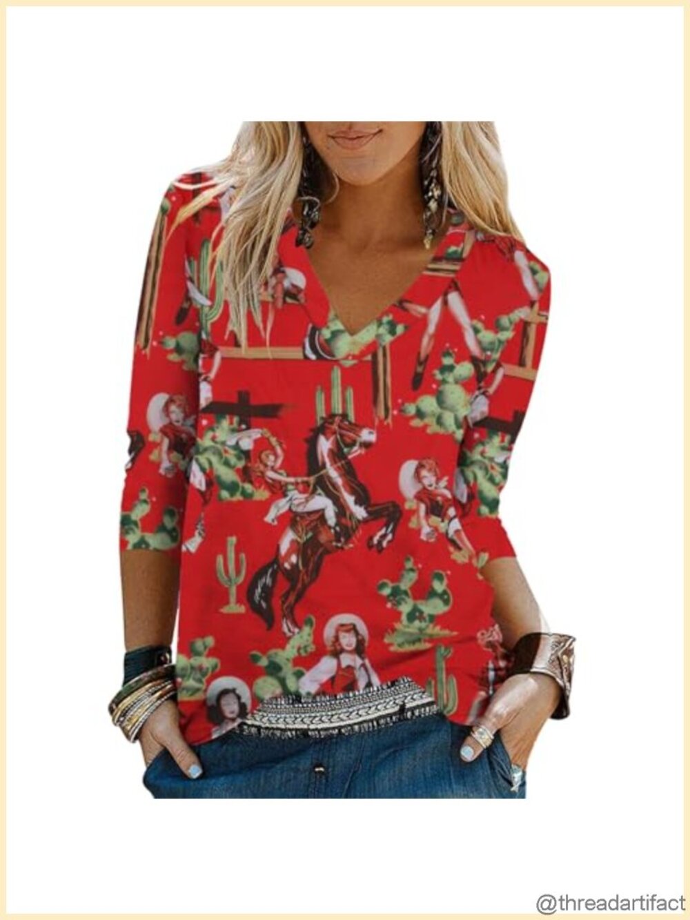 Womens 3/4 Sleeve V Neck Loose Fit Tunic Shirt Blouse